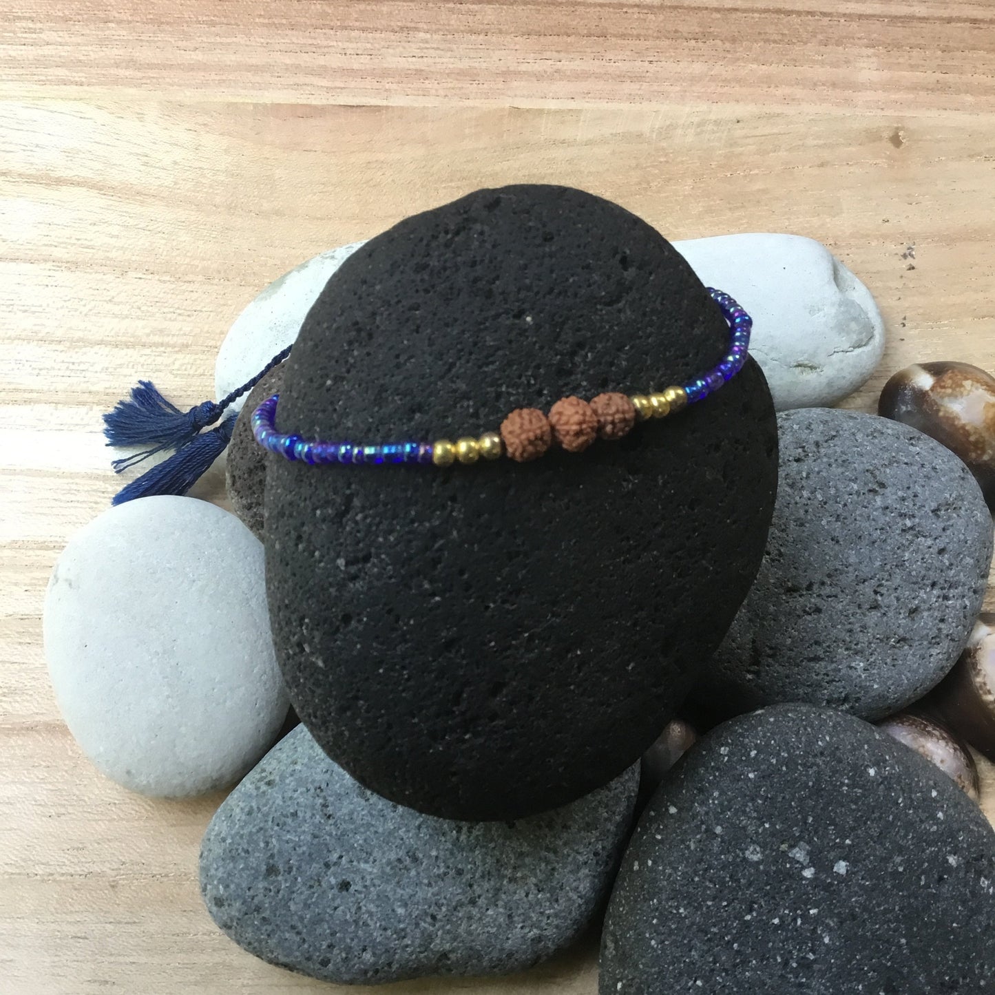 Stackable Bead bracelets, Ocean Blue, with Rudraksha.