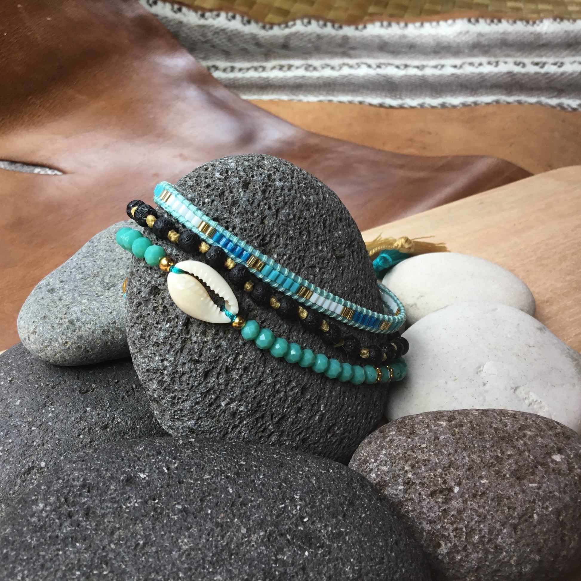 blue crystal lava and shell stack bracelet set.