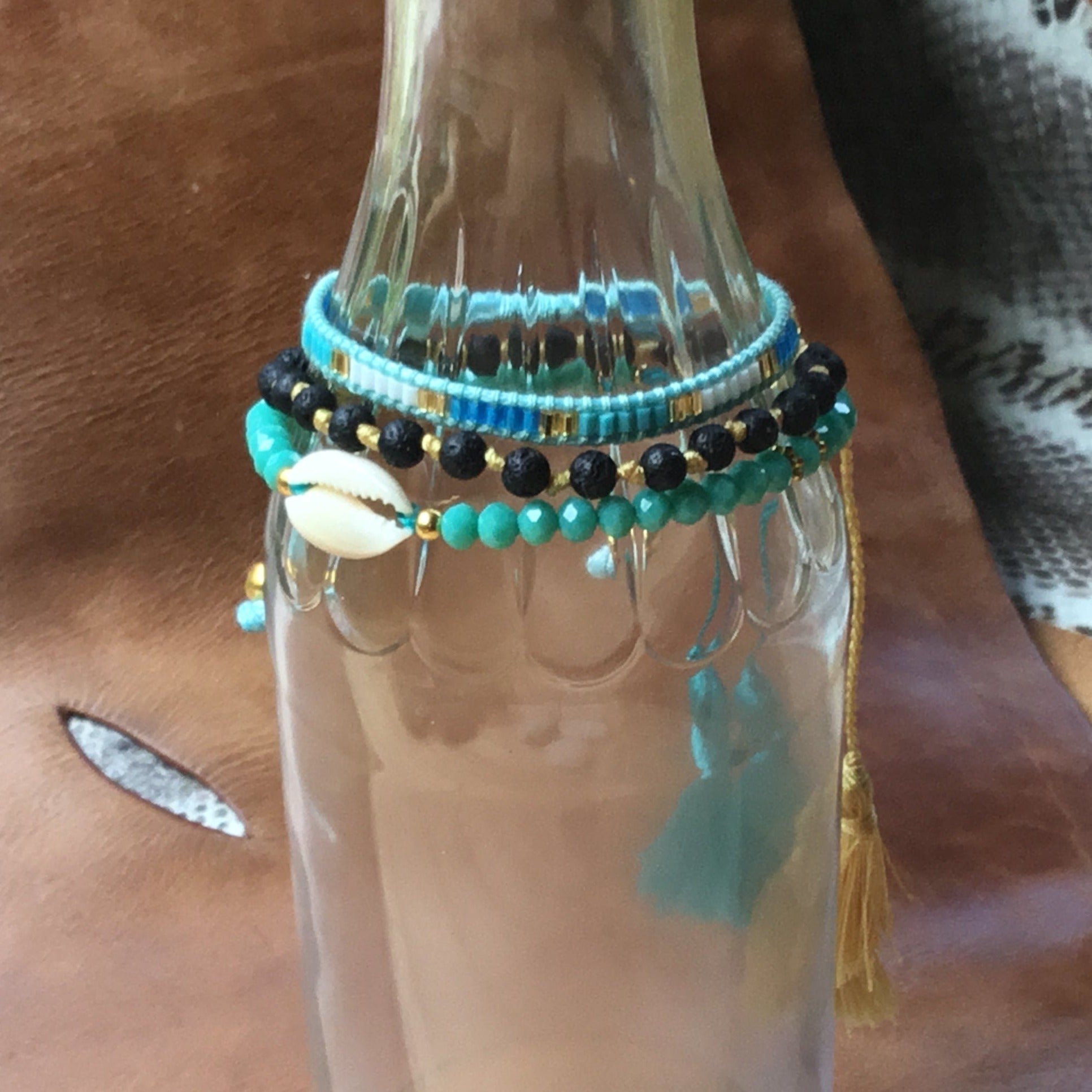 Earth in Sky, Stack Bracelet set, Cowrie shell, Blue crystal and Lava