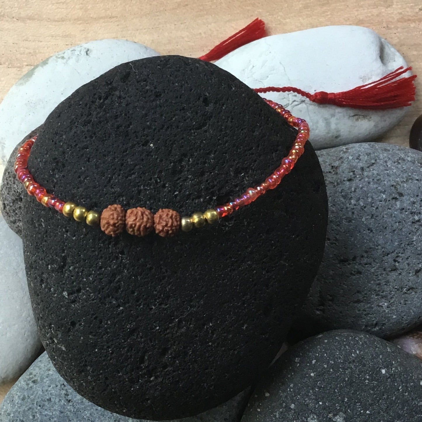 Boho bead bracelet, red, with rudraksha.