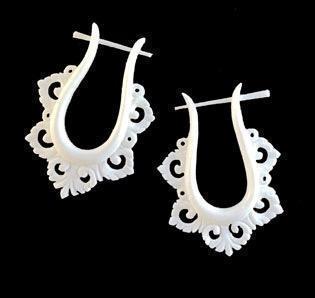 Carved Bone Earrings | White Lace Hoop Earrings, bone.