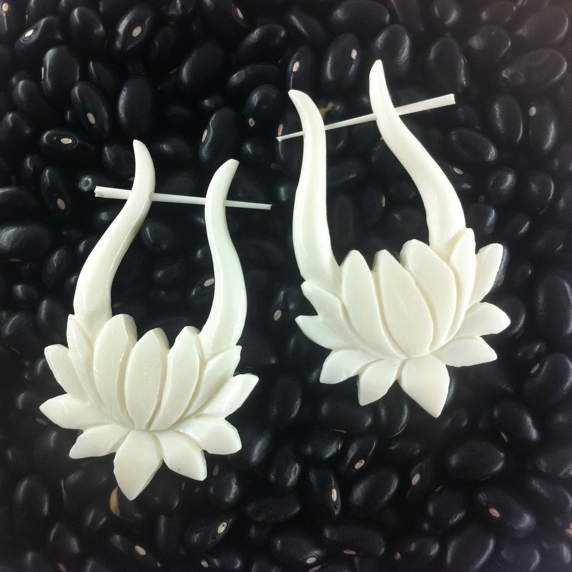 bone-earrings-Lotus. Carved Bone Jewelry, Natural Earrings.-er-95-b