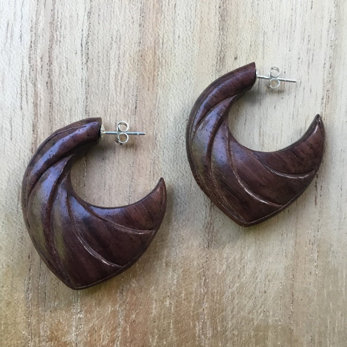 carved wood hoop earrings, silver stud post