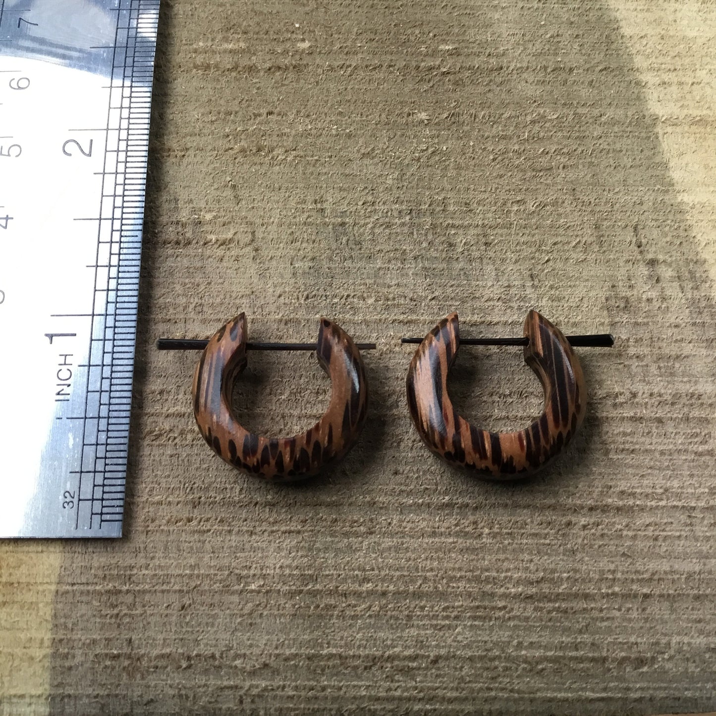 Wood hoop earrings. Coconut. Unisex, size, 3/4 inch L x 7/8 inch W.
