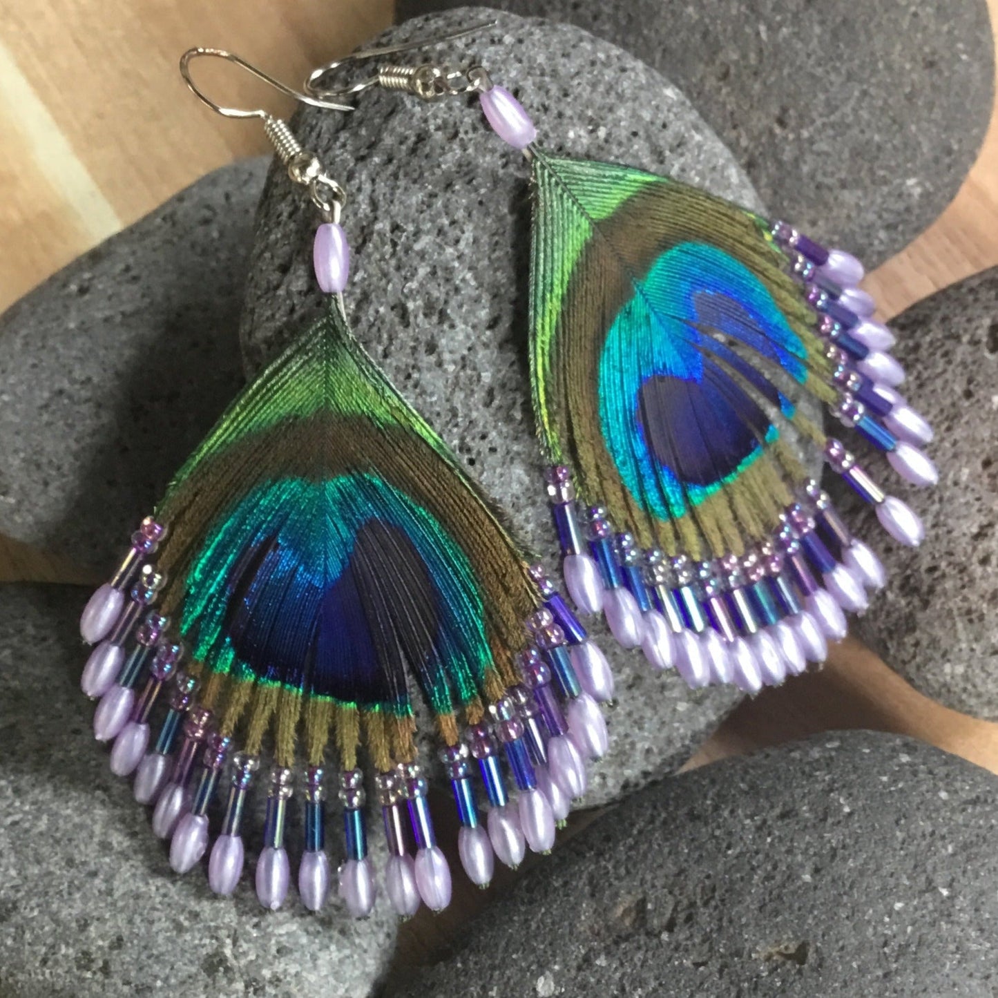 earrings, feather, beaded. Peacock.