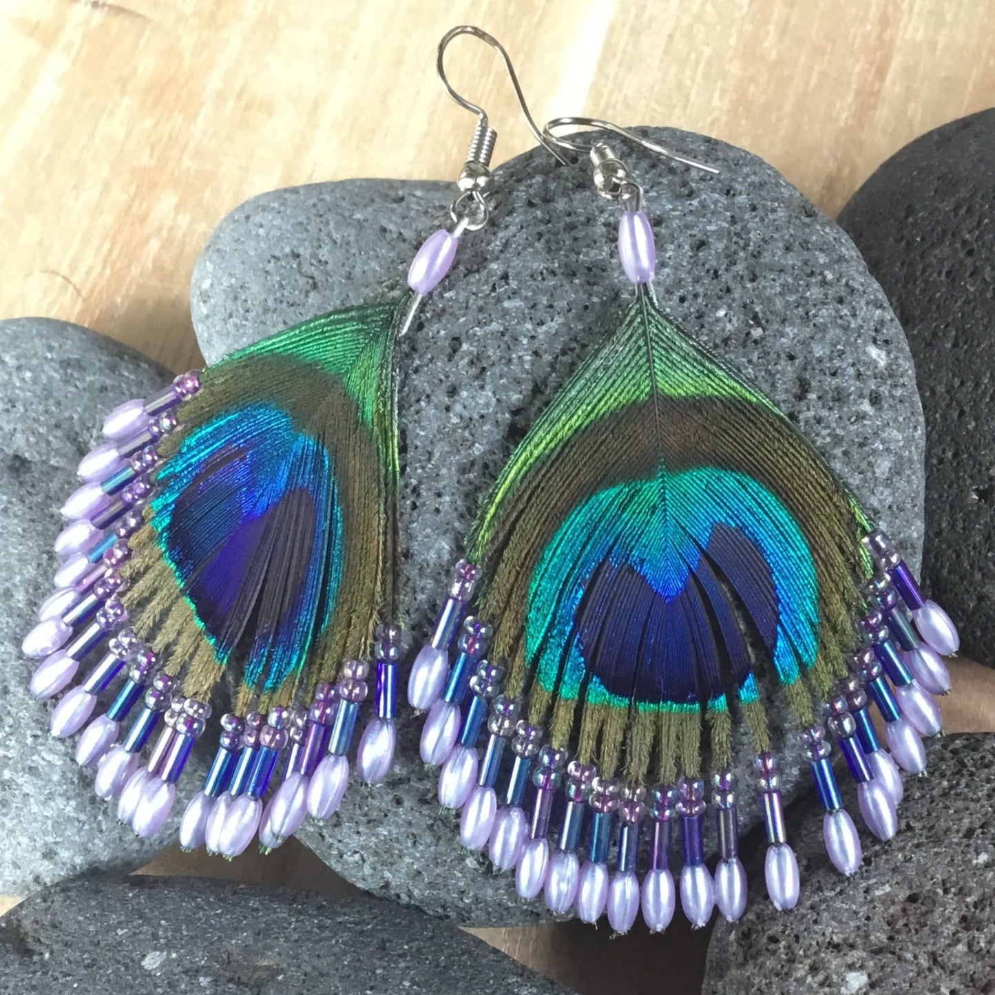 feather earrings, iridescent, long hanging.