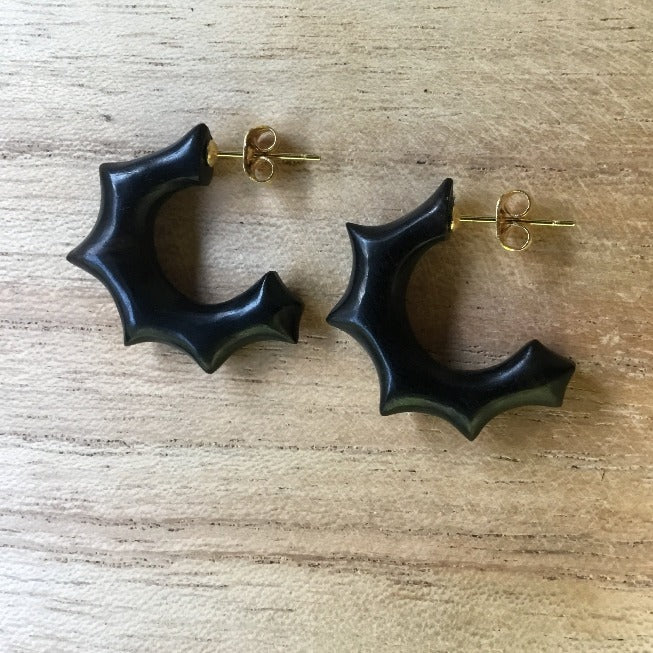 gold stud and black wood hoop earrings