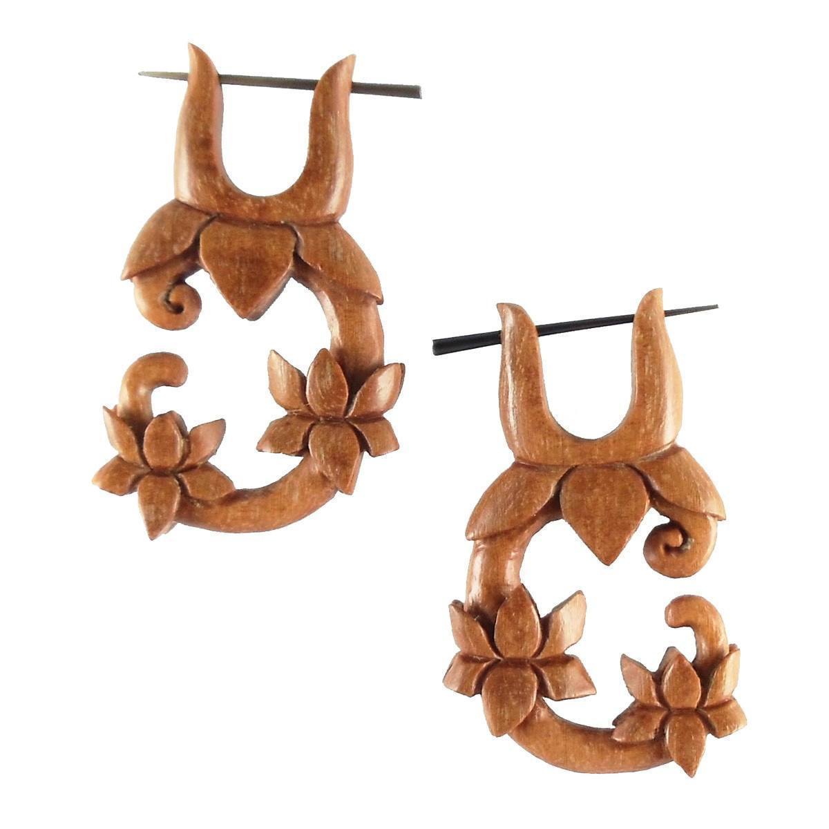 Wood Jewelry :|: Lotus Vine, Wood. Hanging Earrings. Hippie Jewelry.