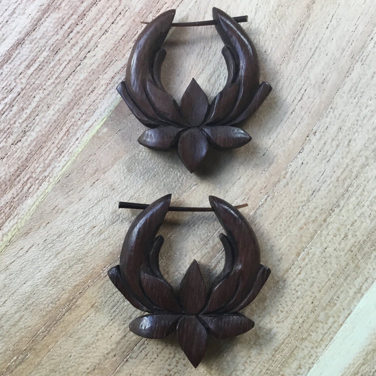 hoop earrings, wooden, lotus.