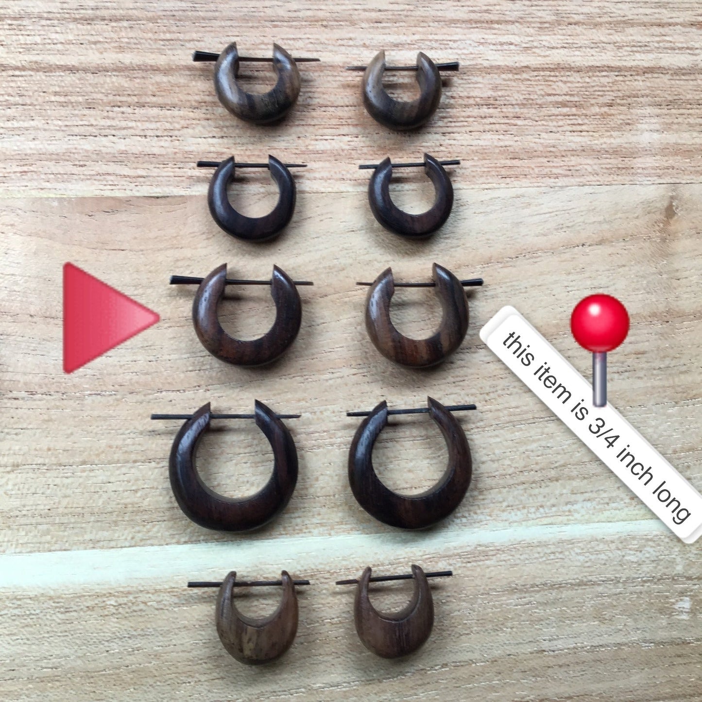 Wood hoop earrings. Rosewood. Unisex, size, 3/4 inch L x 7/8 inch W.