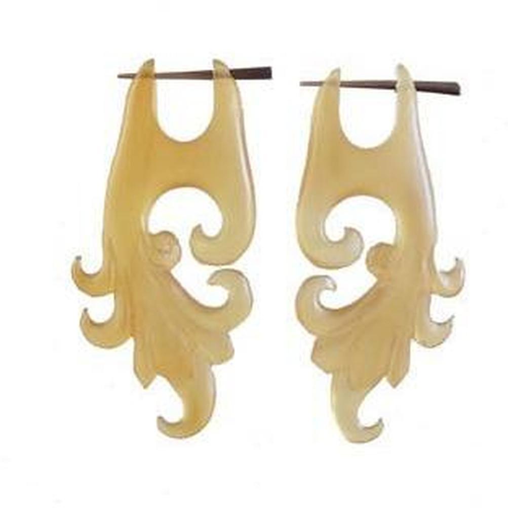 Natural Jewelry :|: Amber Horn Tribal Earrings. Long Hanging Spirals | Tribal Earrings