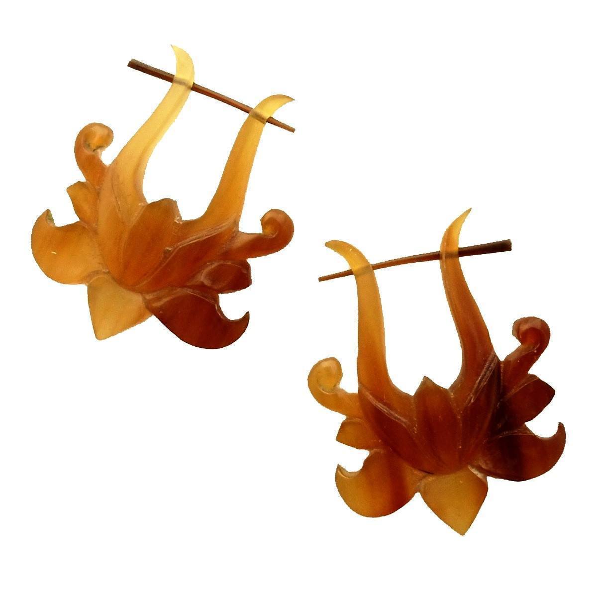 Amber Lotus Rose. Tribal Carved Earrings, Horn.
