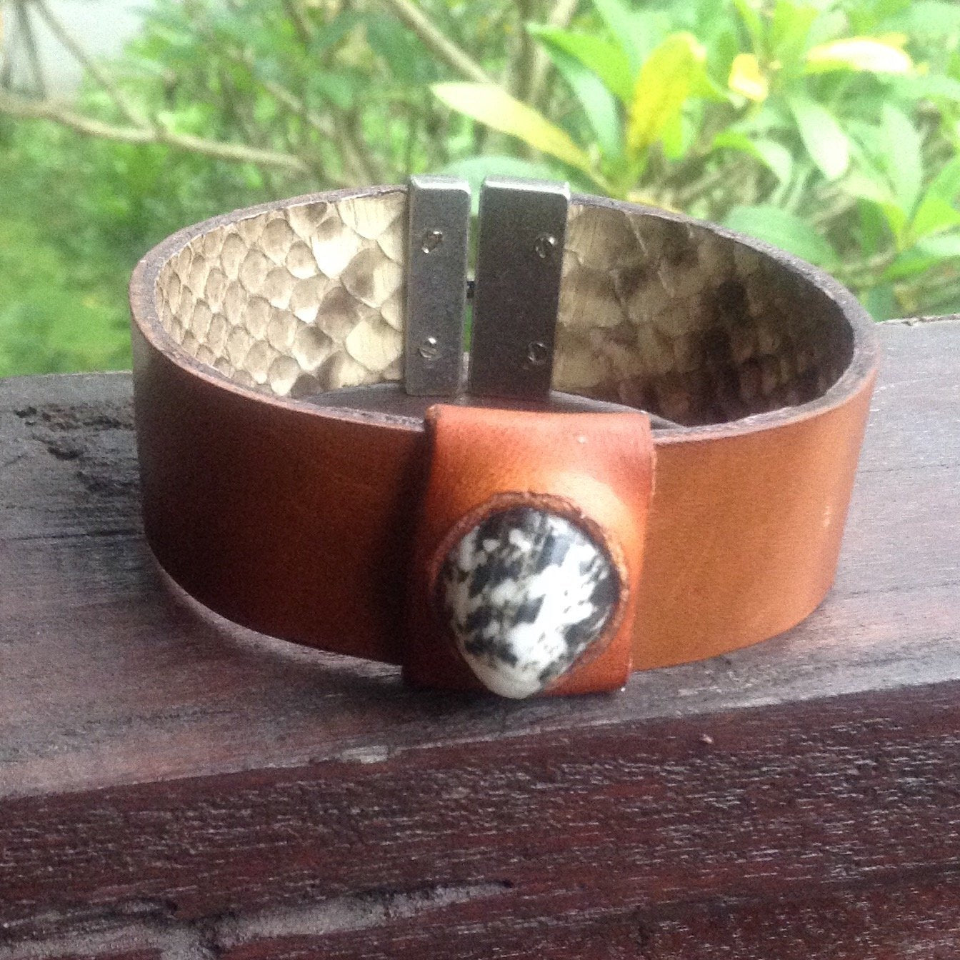 Python and Leather Bracelet, Armband OR ANKLET, with natural sea shell set in buckskin.