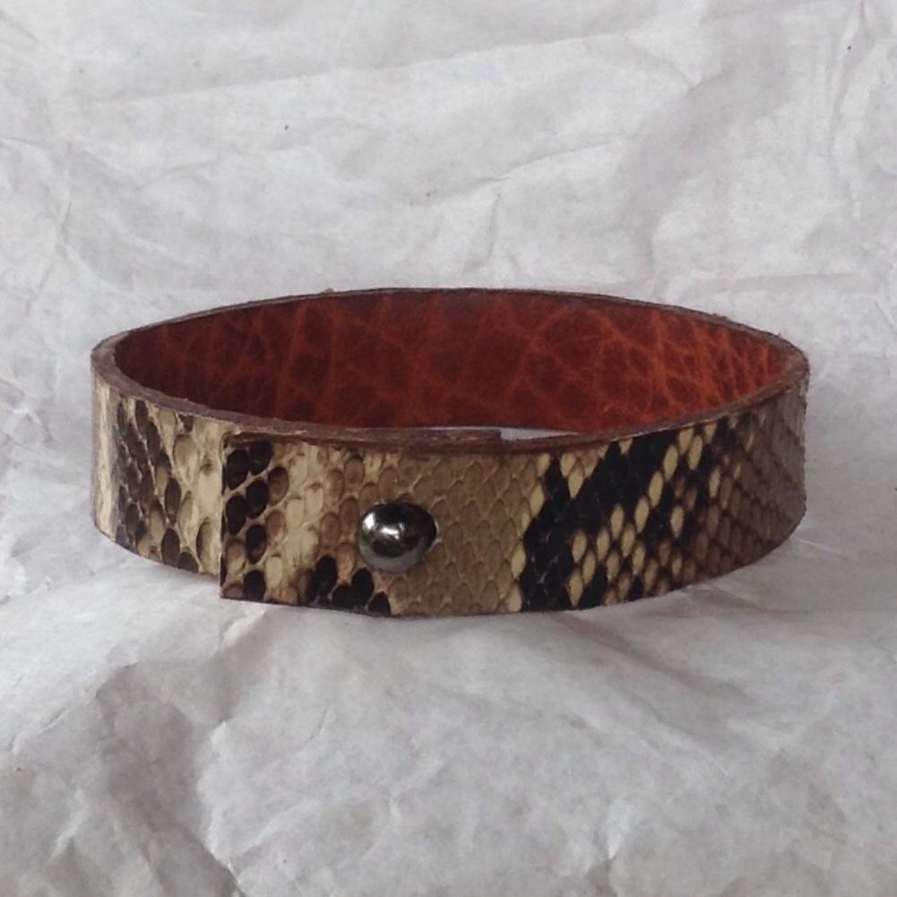 Python and textured bull leather bracelet OR ANKLET, Reversible. narrow.