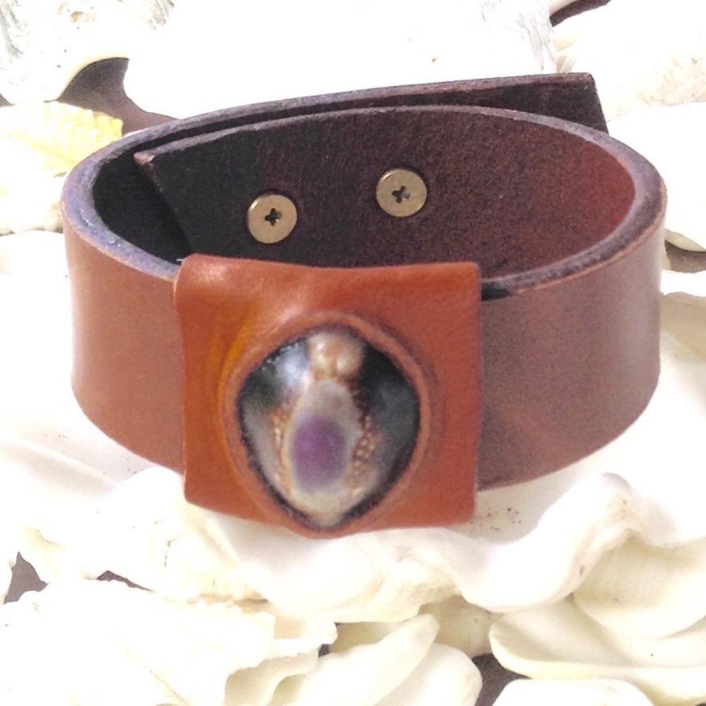 Deep Purple and Chocolate Cowrie and Oiled Buckskin, Reversible Leather Bracelet / Anklet.