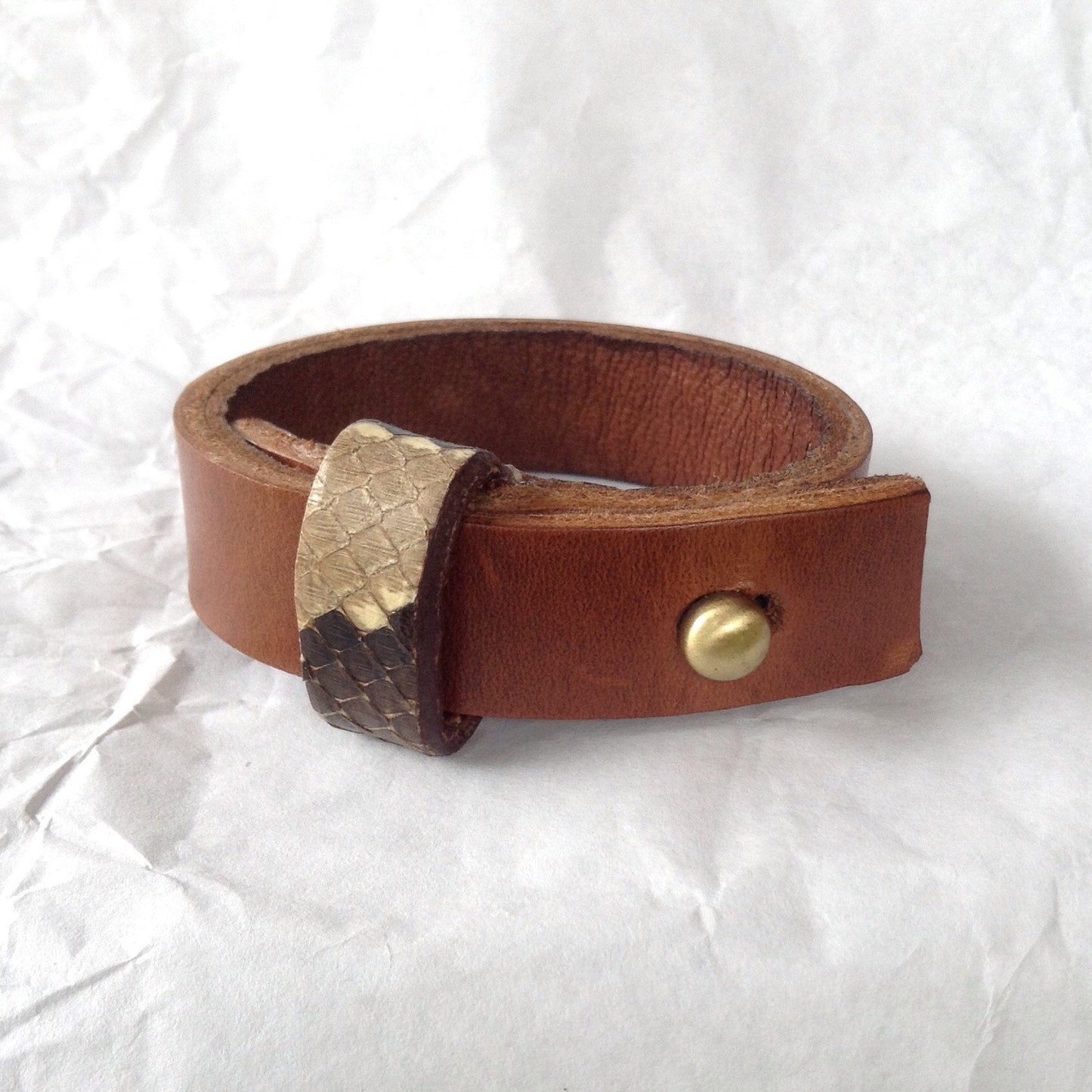Python strap Goatskin lined Caramel leather bracelet.