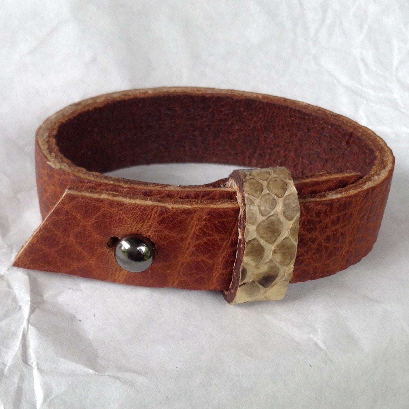 Belt cuff style Python strap, oiled buckskin lined leather bracelet.