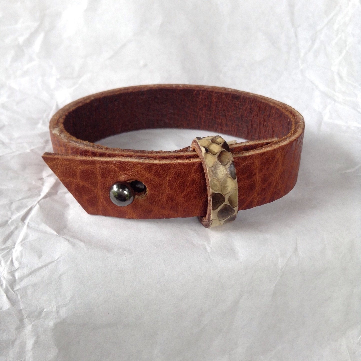 Python strap, Belt cuff style oiled buckskin lined leather bracelet.