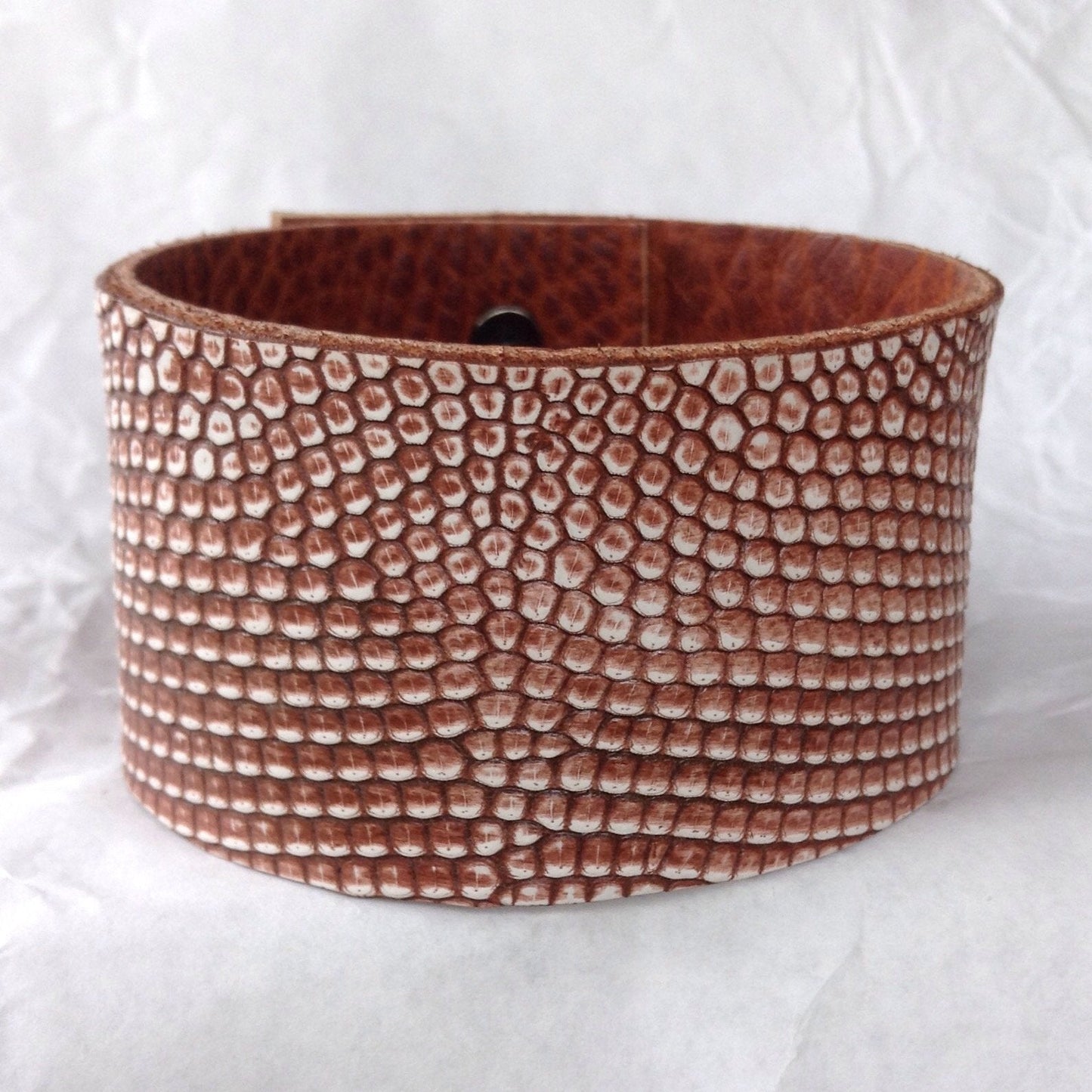 Leather Cuff, reptile leather and textured bull leather bangle.