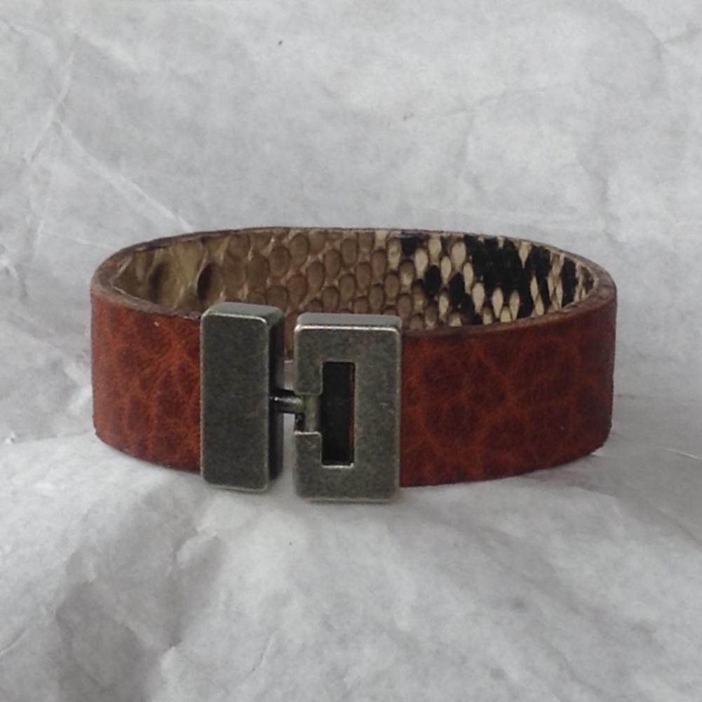T bar clasp python and textured bull leather cuff bracelet.