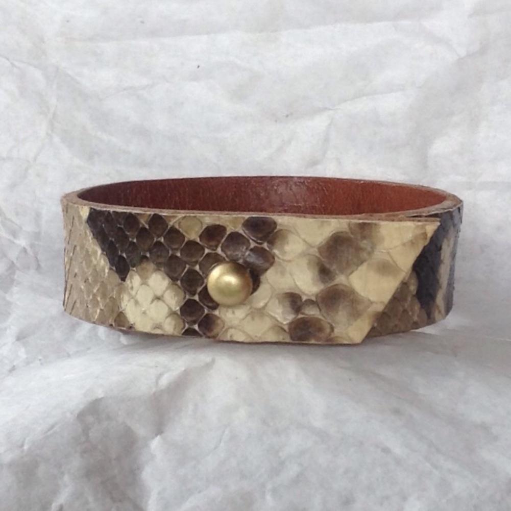 Caramel Bull Leather and Python Bracelet, Reversible. angled end cut.