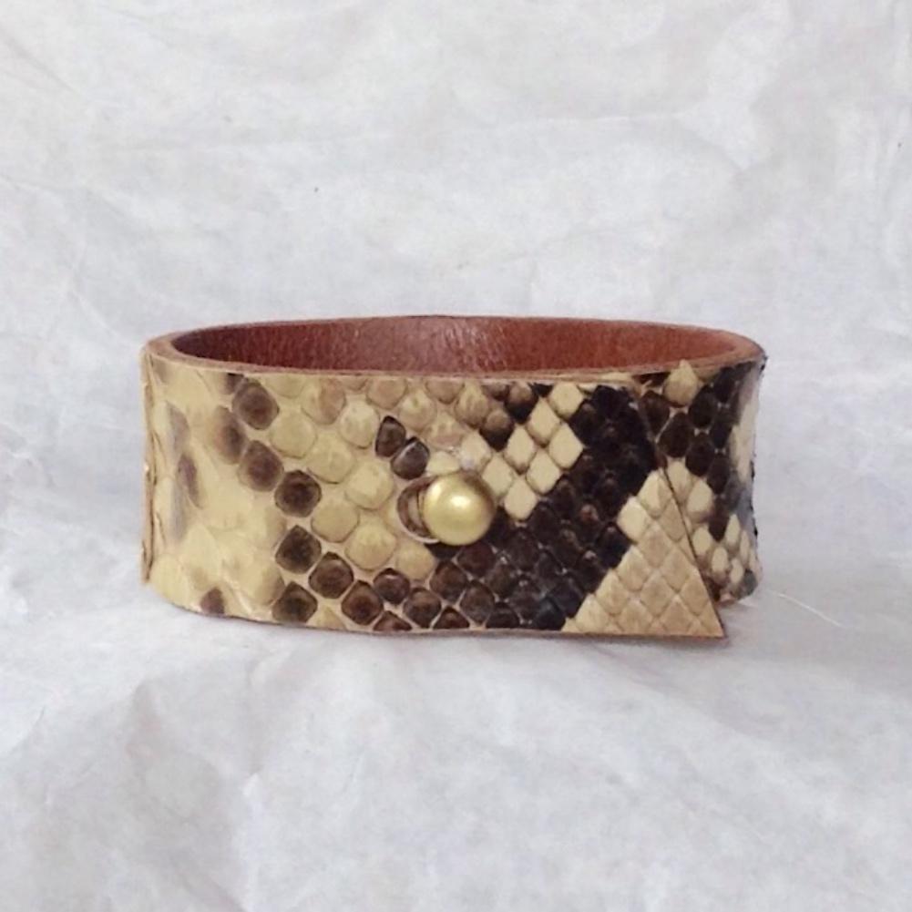 Snake Skin and Caramel Leather Bracelet, Reversible.