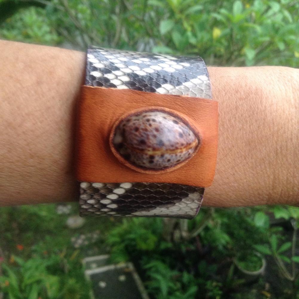 Snake Eye Cowrie and Python Cuff, Reversible Leather Bracelet, shell set in buckskin.