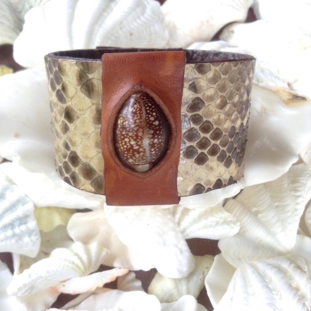 Cowrie and Python Reversible Leather Bracelet, sea shell set in buckskin.