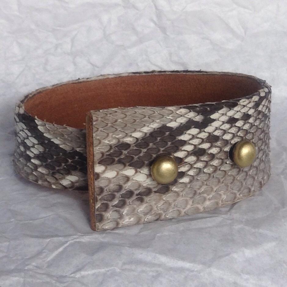 Angular Python and Leather Cuff Bracelet. bronze buttons.