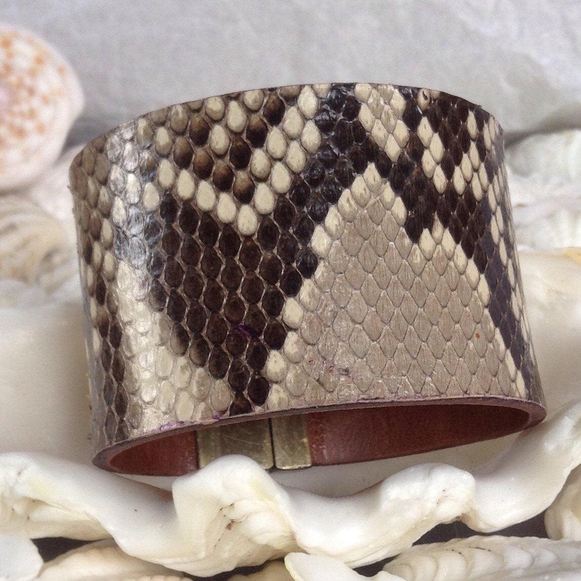 Python and Leather Cuff Bracelet, Magnetic Clasp.