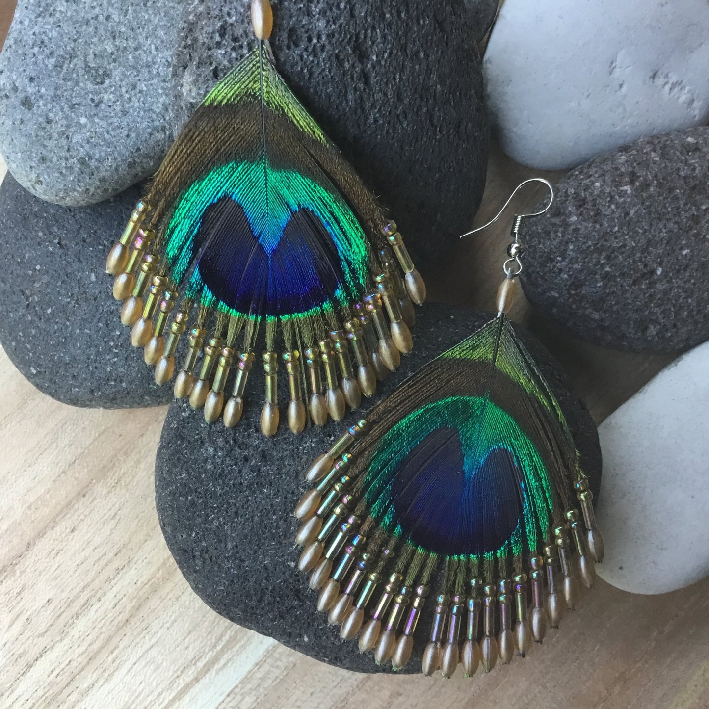 natural peacock feather earrings, handmade.