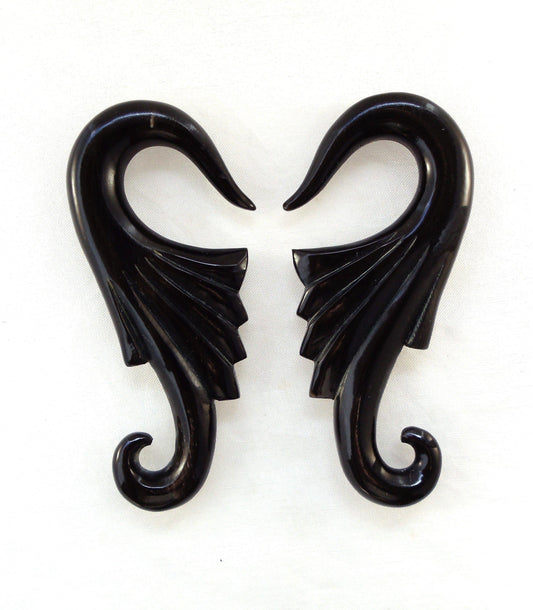 For stretched ears Horn Jewelry | Gauges :|: Wings, 0 gauge earrings, black. 1 1/8 inch W X 2 5/8 inch L.