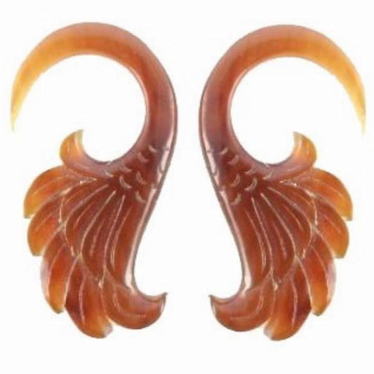 Hanging Horn Jewelry | Gauges :|: Wings. 4 gauge earrings, amber Horn.