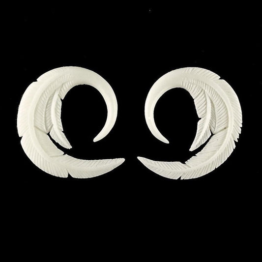 White Earrings for stretched lobes | Body Jewelry :|: Feather. 6 gauge bone. 1 1/8 inch W X 1 1/2 inch L | 6 Gauge Earrings