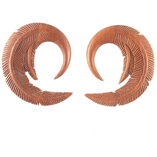 Sapote wood Earrings for stretched ears | Gauge Earrings :|: Feather. Fruit Wood 2g gauge earrings.