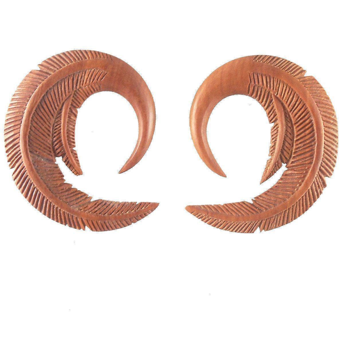 Gauges :|: Feather. 2 gauge Sapote Wood Earrings. 1 3/4 inch W X 2 inch L | Wood Body Jewelry