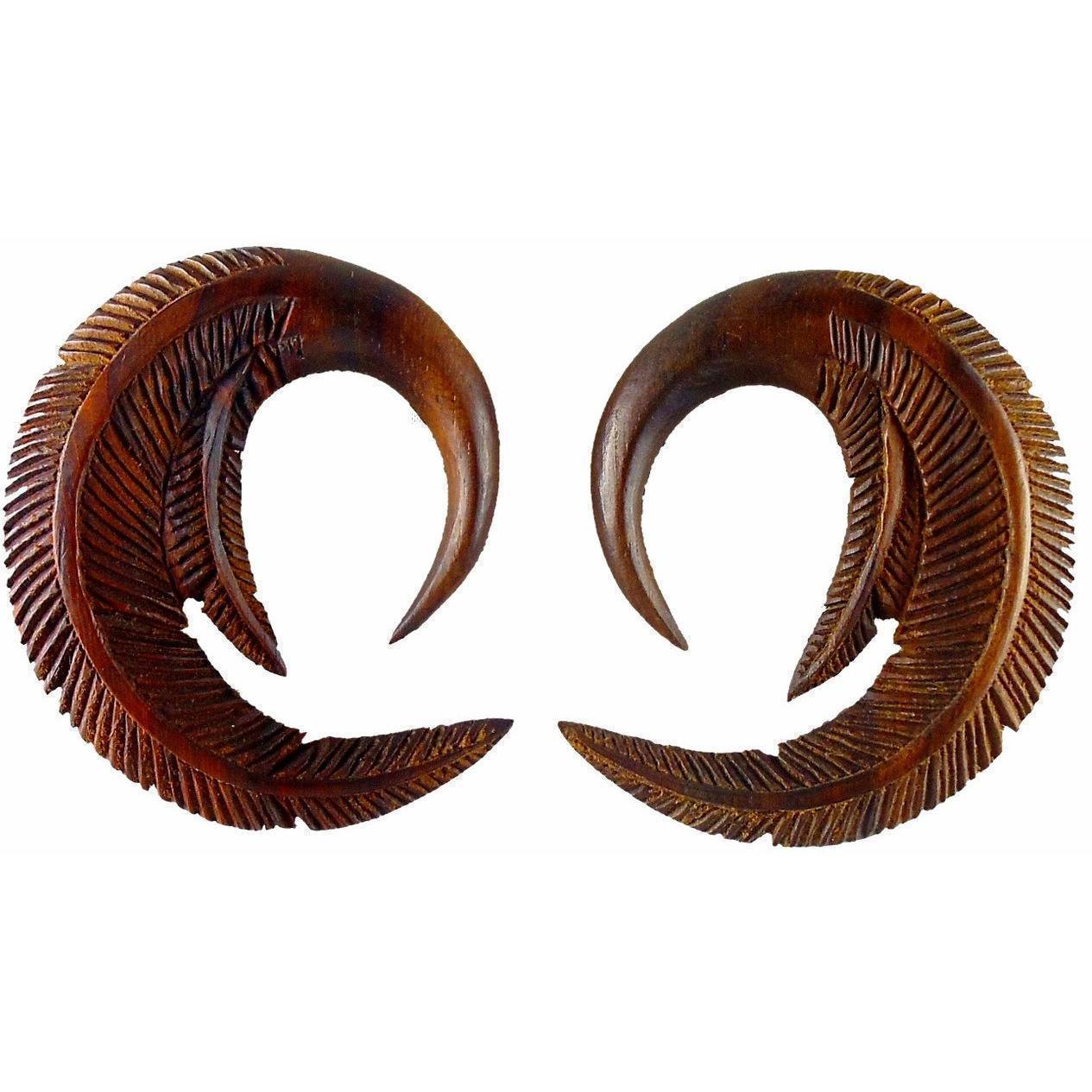 00 Gauge Earrings :|: Feather. 00 gauge Rosewood Earrings. 1 3/4 inch W X 2 inch L | Wood Body Jewelry