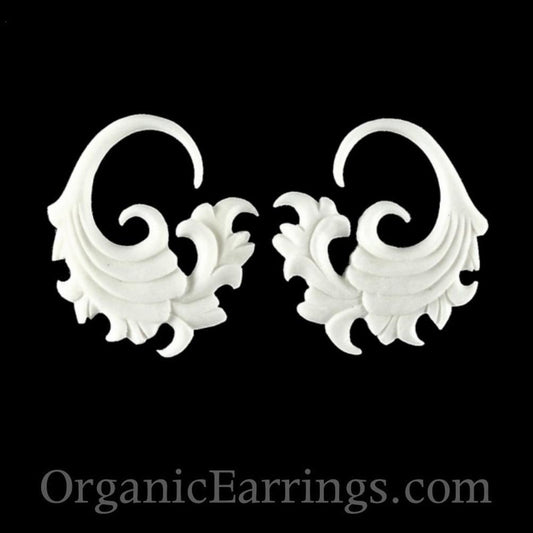 White Earrings for stretched lobes | Bone Jewelry :|: Fire. 10 gauge, Bone. 1 1/4 inch W X 1 1/4 inch L | Gauges
