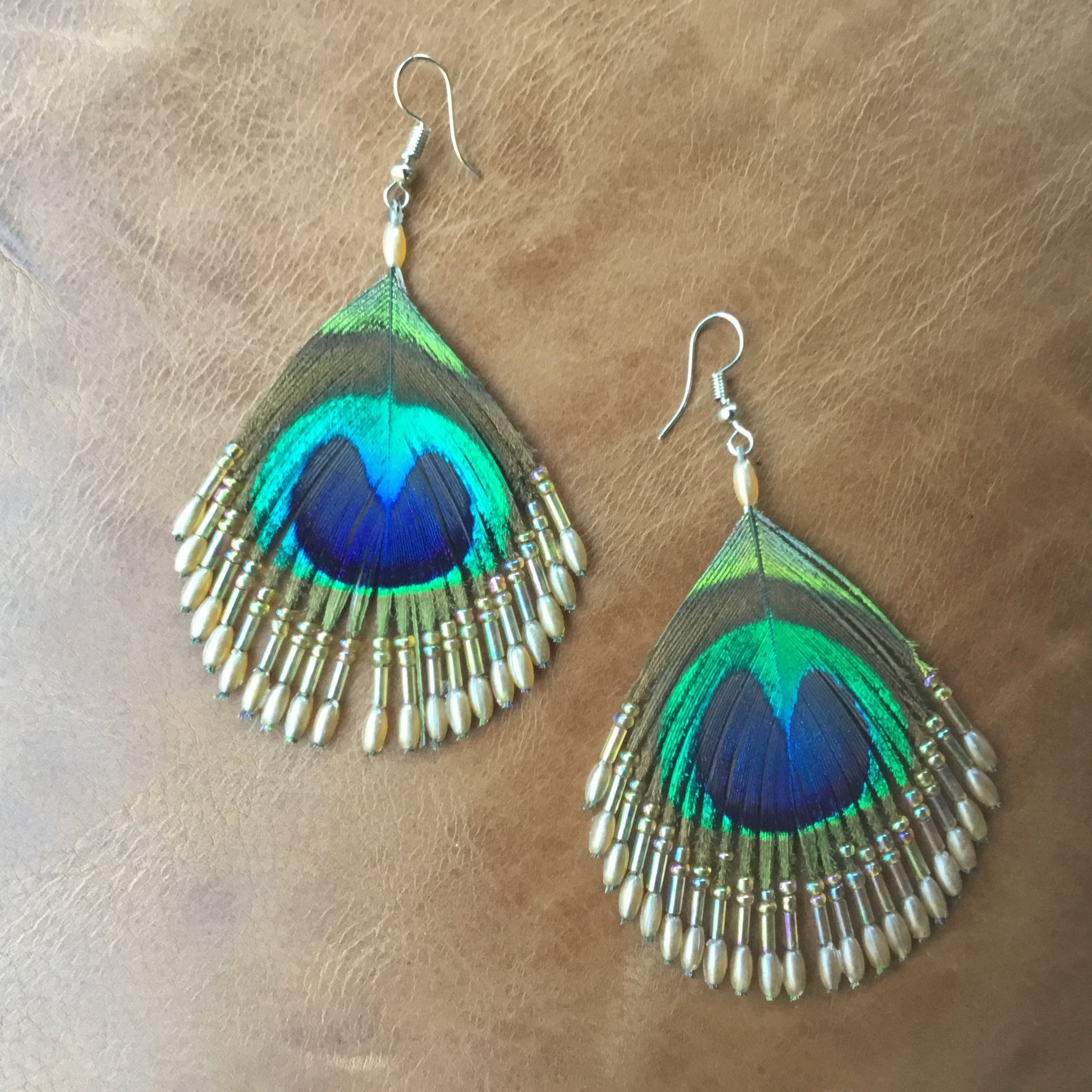 Peacock earrings, french hook.