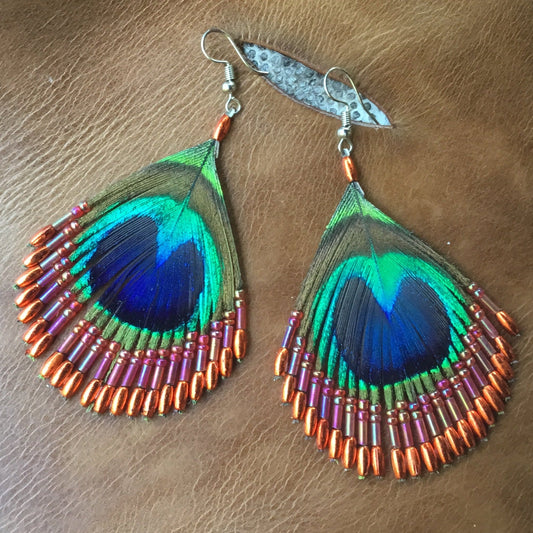 Shiny Peacock Earrings | peacock earrings, orange beads and french hook, natural.