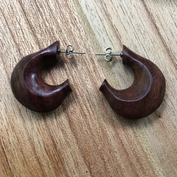 post hoop earrings, stainless steel and wood.