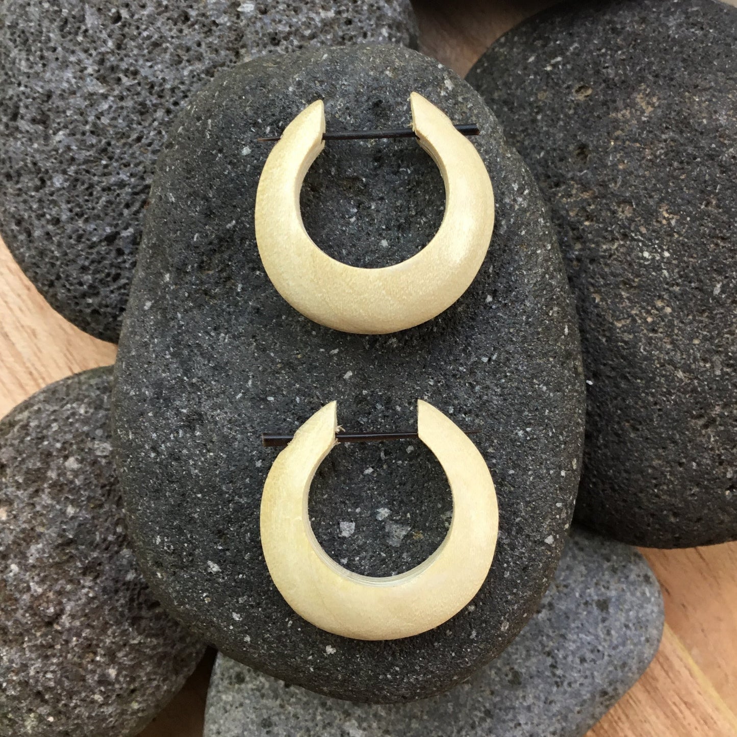 round hoop earrings, Hawaian wood.