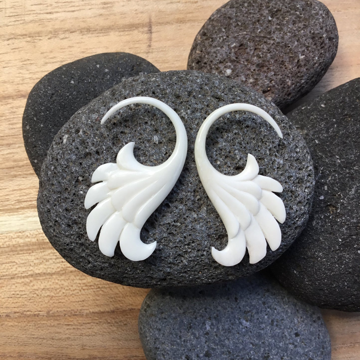 Wings. Bone 12g gauge earrings.