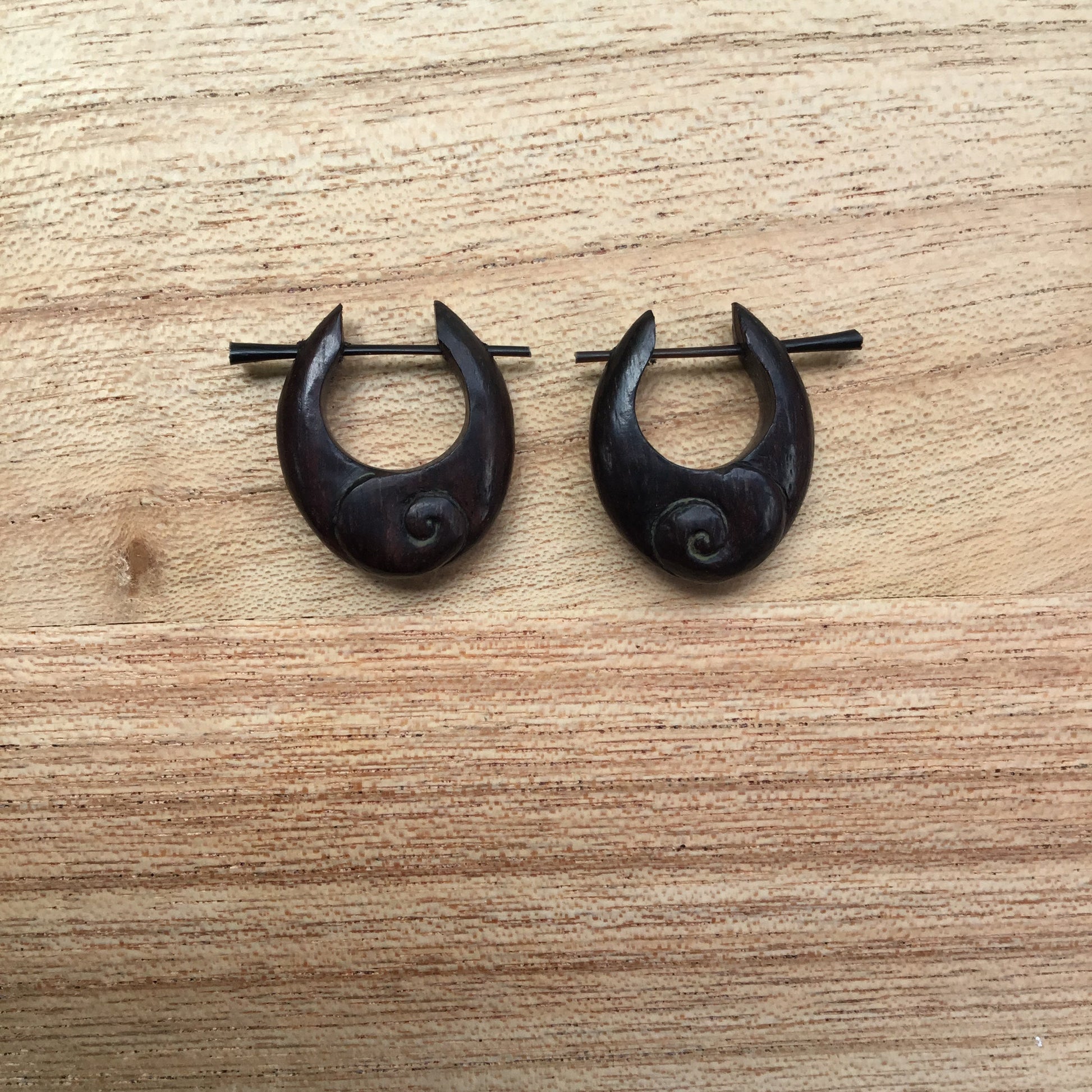 wood earrings, small. spiral. handmade