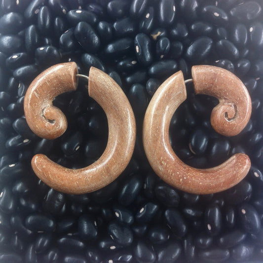 Spiral Carved Earrings | Fake Gauges :|: Spiral Hoop tribal earrings. Fruit Wood.