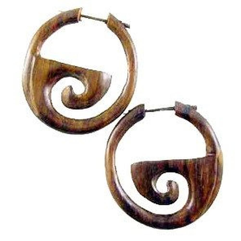 Wood Earrings :|: Inner Spiral Hoops. Rosewood Earrings., 1 1/2 inch W x 1 1/2 inch L. | Wooden Hoop Earrings