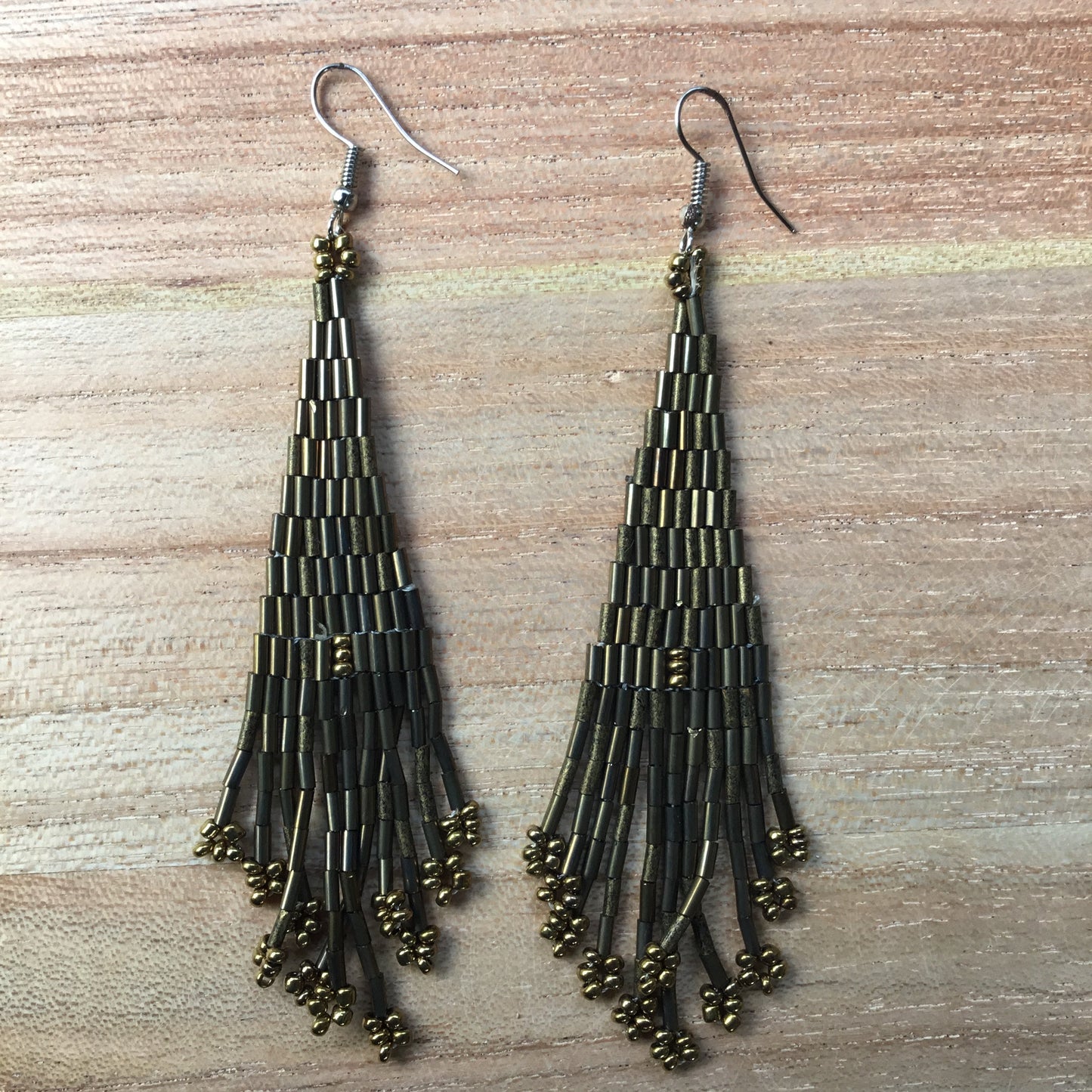 Super long bead earrings, Bronzed glass. Cocktail Earrings.