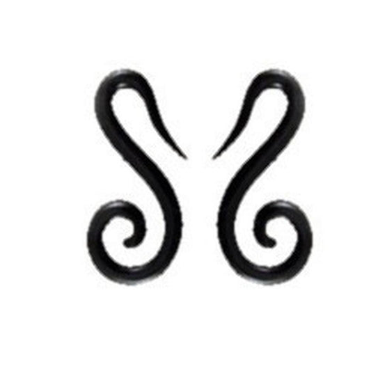 Gauged Horn Jewelry | Tribal Body Jewelry :|: Black french hook spiral, 4 gauge earrings