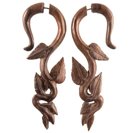 Real All Natural Jewelry | Fake Gauges :|: Ivy Dangle, tribal earrings. Natural Rosewood, Wood jewelry. | Tribal Earrings