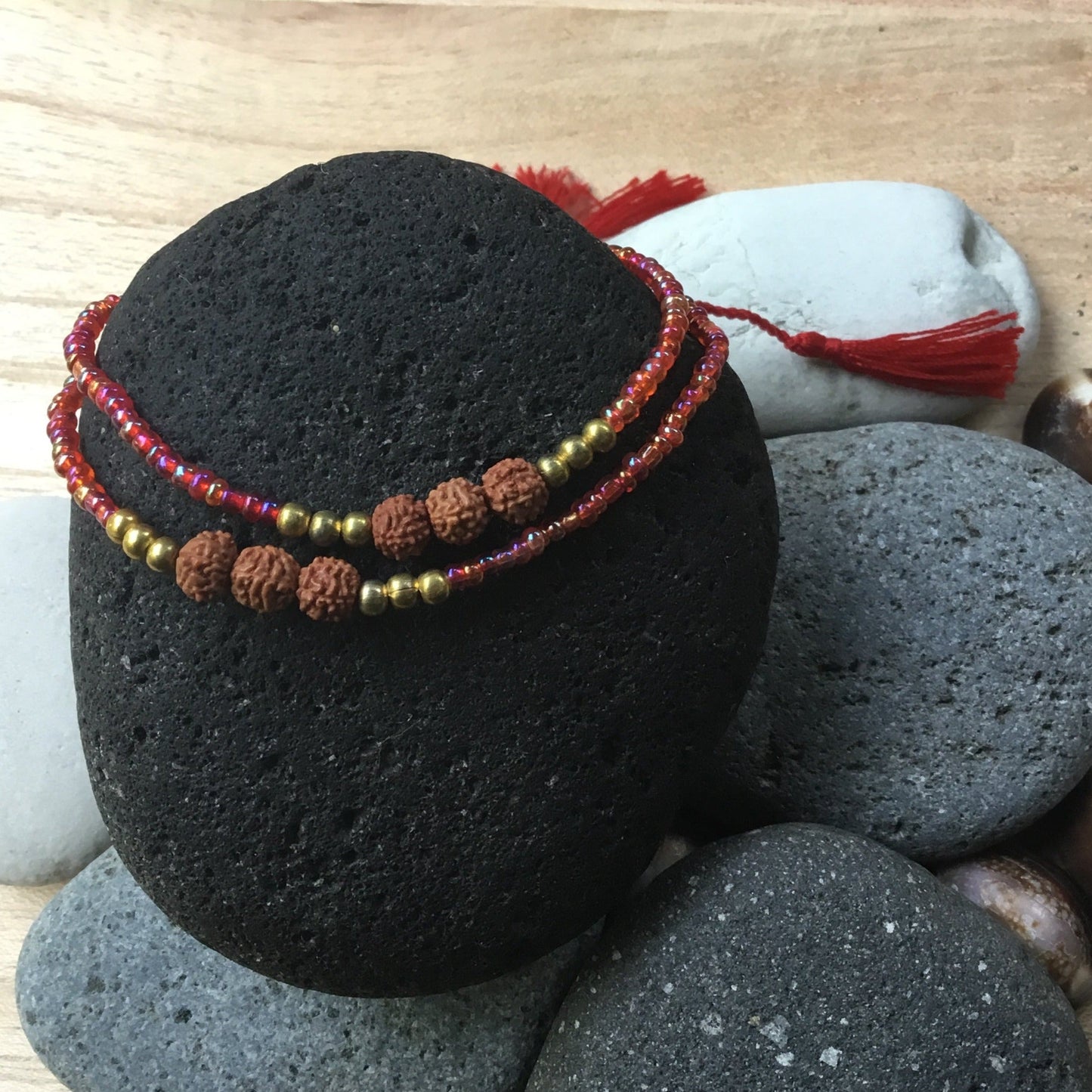 womens stackable rudraksha bracelets, red.